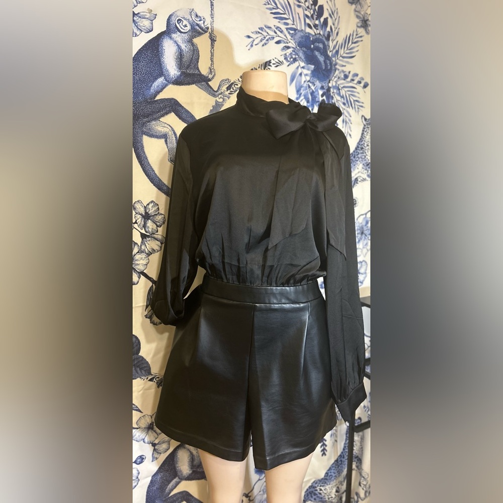 Express Black Satin &Faux Leather Short Jumpsuit wLong Sleeves (One Piece)